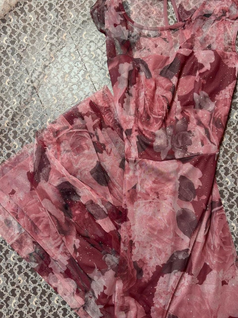 Sheer Floral Mesh Maxi Dress in Dusty Rose